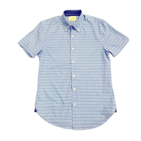 CON.STRUCT Slim Fit Short Sleeve Button Down Shirt Blue Geometric Print Sz Small - Picture 2 of 6